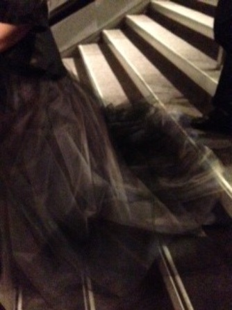 Black tulle on the stairs.