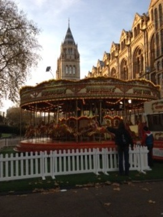 No one does Christmas, or childhood, quite like the British. This carousel is next to a skating rink, in front of the Natural History Museum