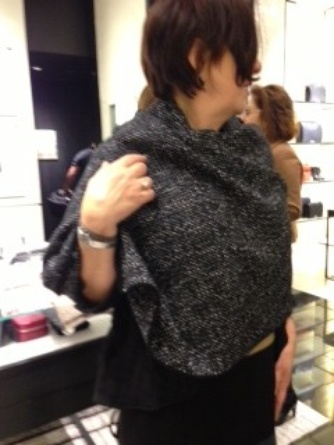A wrap in a classic Chanel tweed colorway. Lots of women in Manhattan wear wraps all Fall long. I love this woman’s bob.
